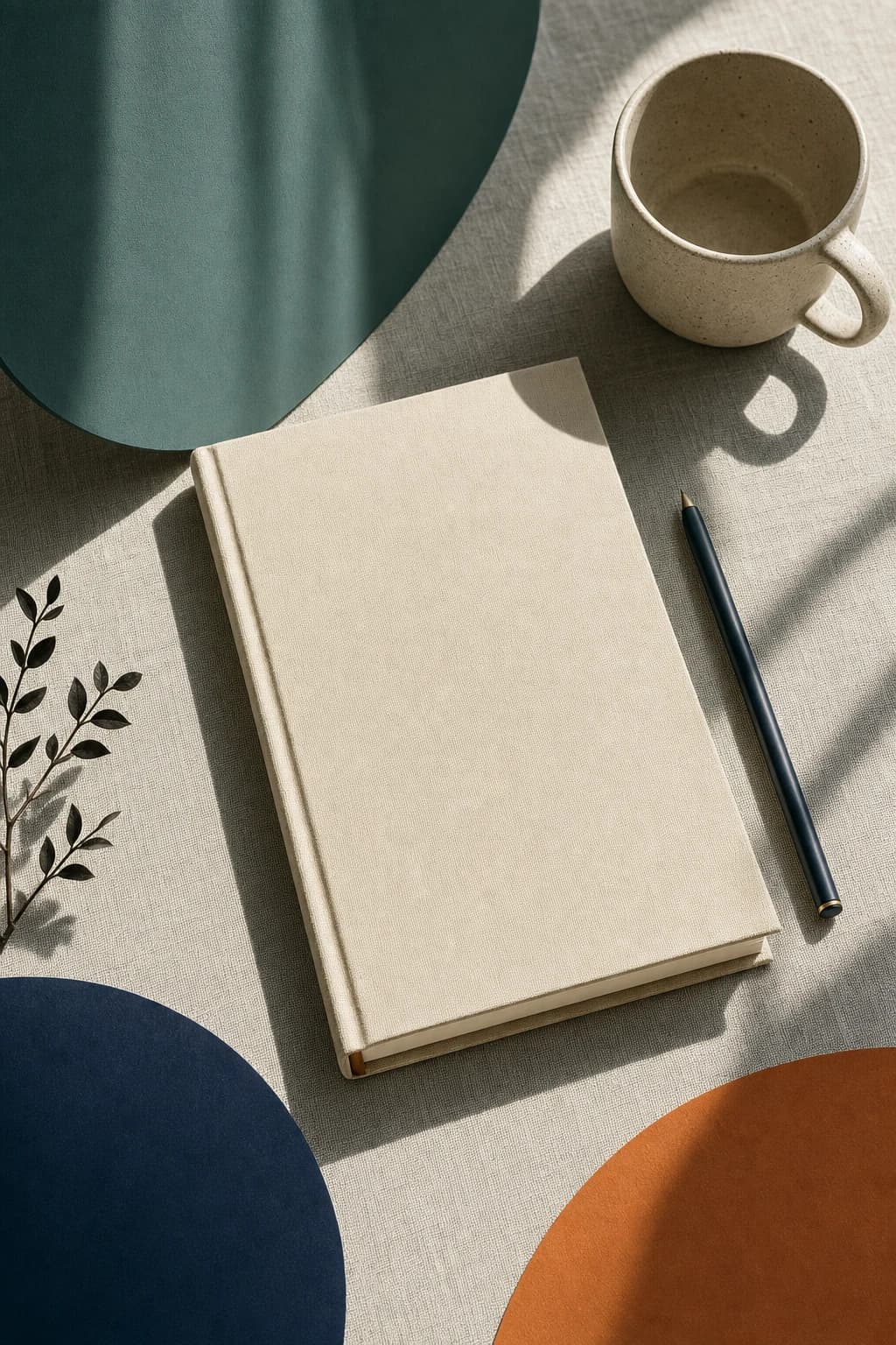Blank notebook and pen on a linen meeting table