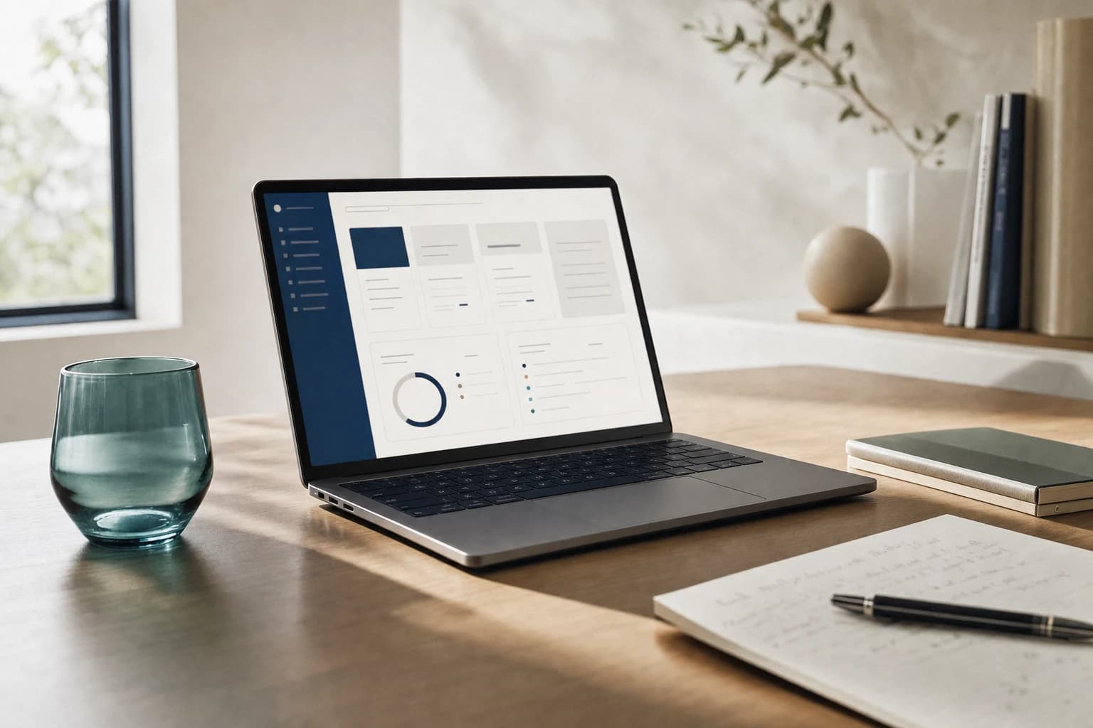 Laptop showing a softly abstract meeting record on a quiet desk